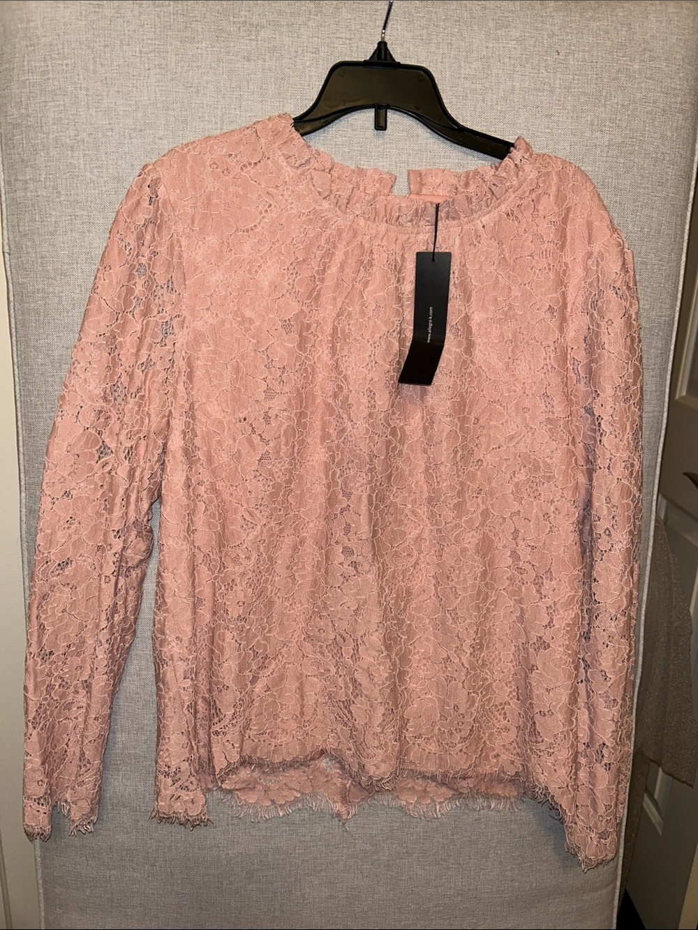 Women’s Pink Lace Long-Sleeve Blouse - mesh sleeves back zipper